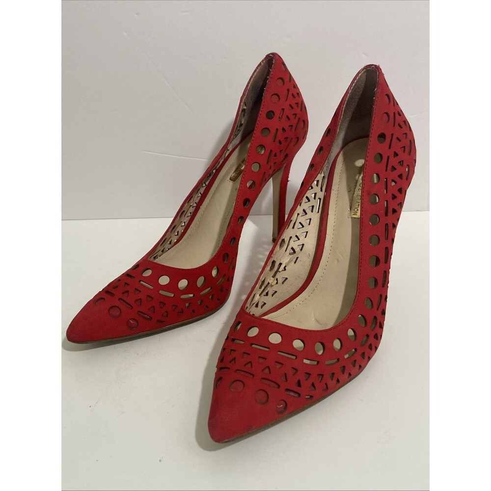 BCBGeneration Red Pumps Sz 7.5M Hole Pattern Pointed Toe 4” Heel